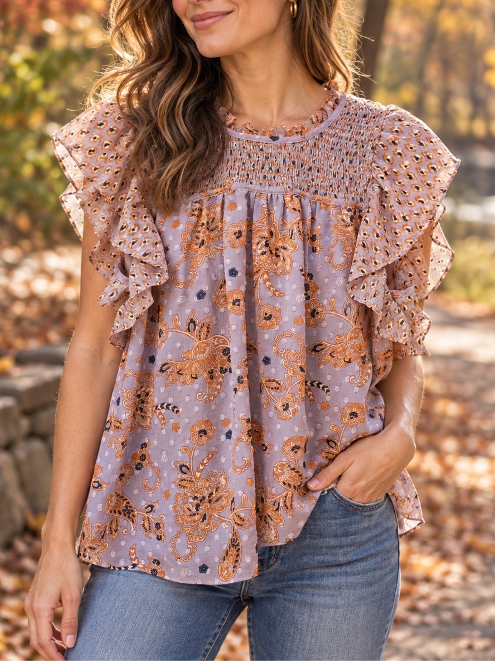 Maison d’Amélie Paris Paisley Smocked Ruffle Sleeve Blouse Medium